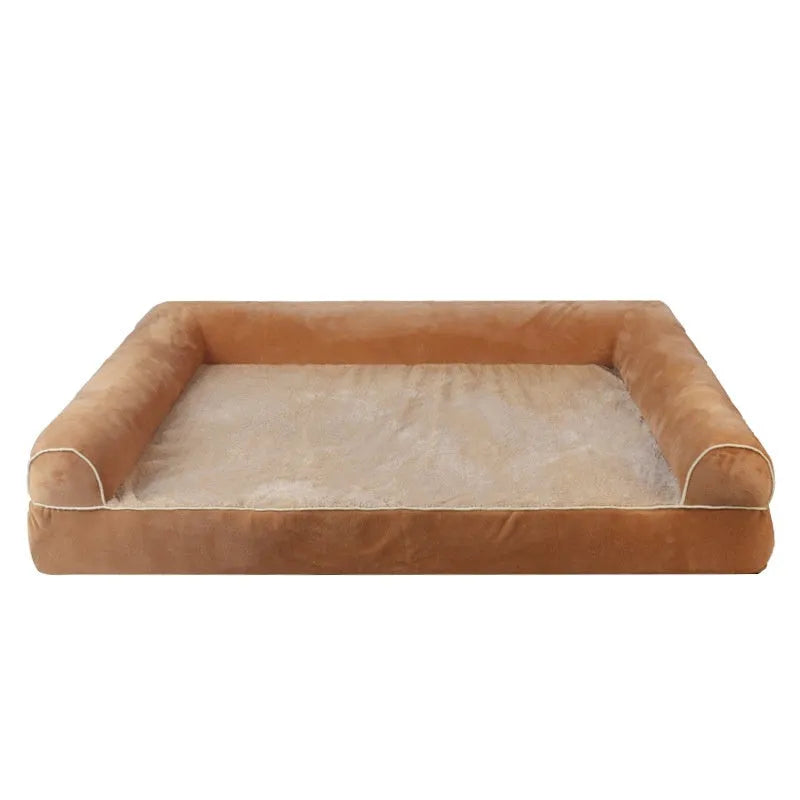 Square blue cloth dog bed with sponge filling on a wooden floor.