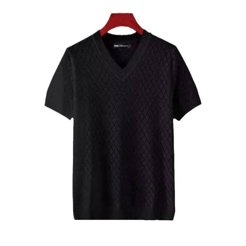 Men's black and white ice silk short sleeve t-shirt showing V-neck and round neck styles.