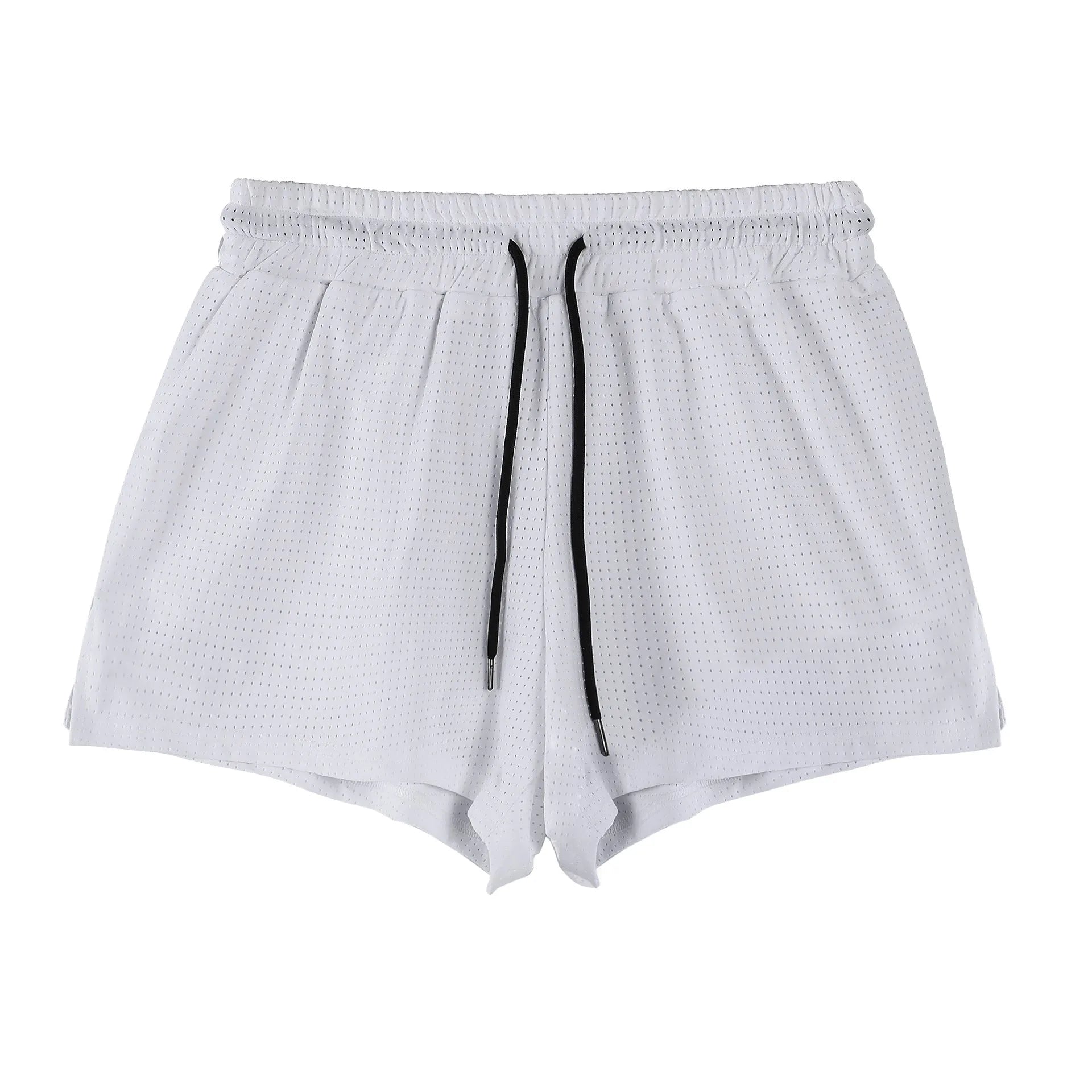 A pair of men's nylon summer shorts in black, showing the mid-waist design and short length for sports.