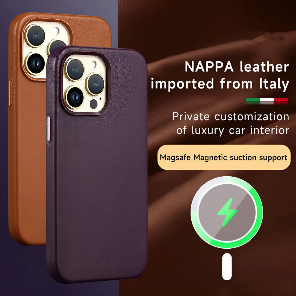 Magnetic absorbing genuine leather phone case for iPhone in various colour options