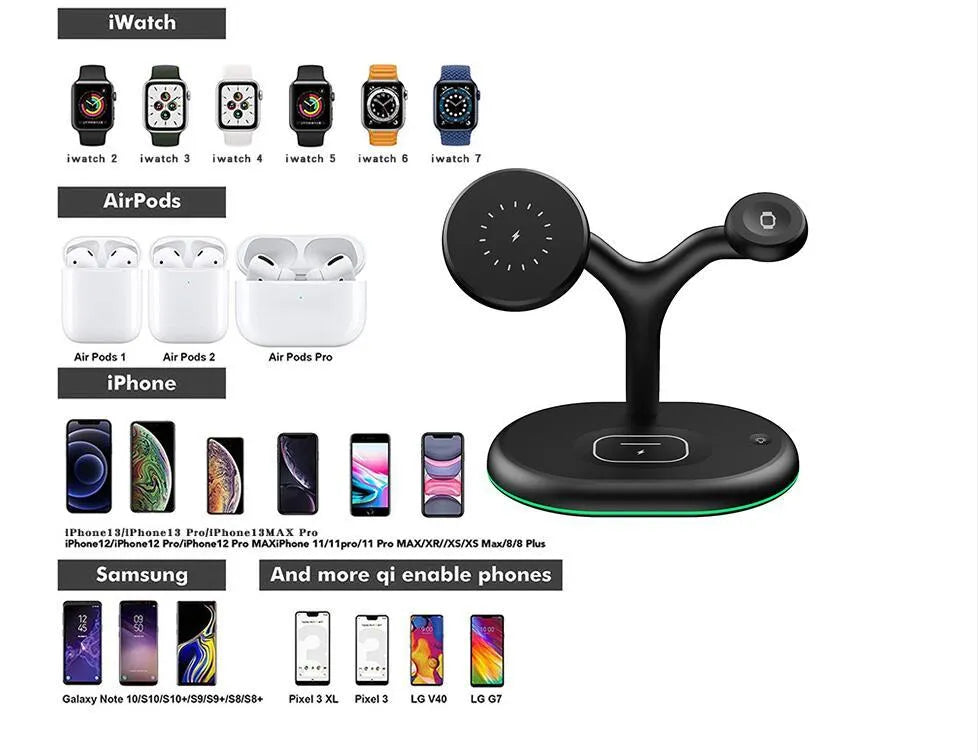 Black magnetic wireless charging station with vertical phone stand and USB-C cable