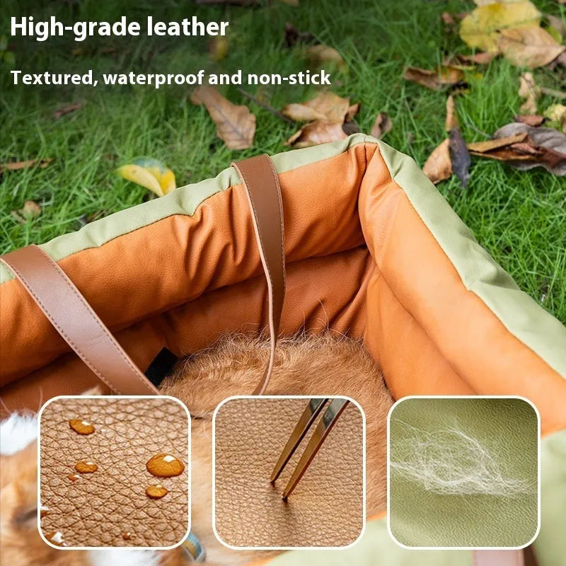 Brown removable cloth cat car kennel showing dimensions of 55cm by 50cm by 45cm.