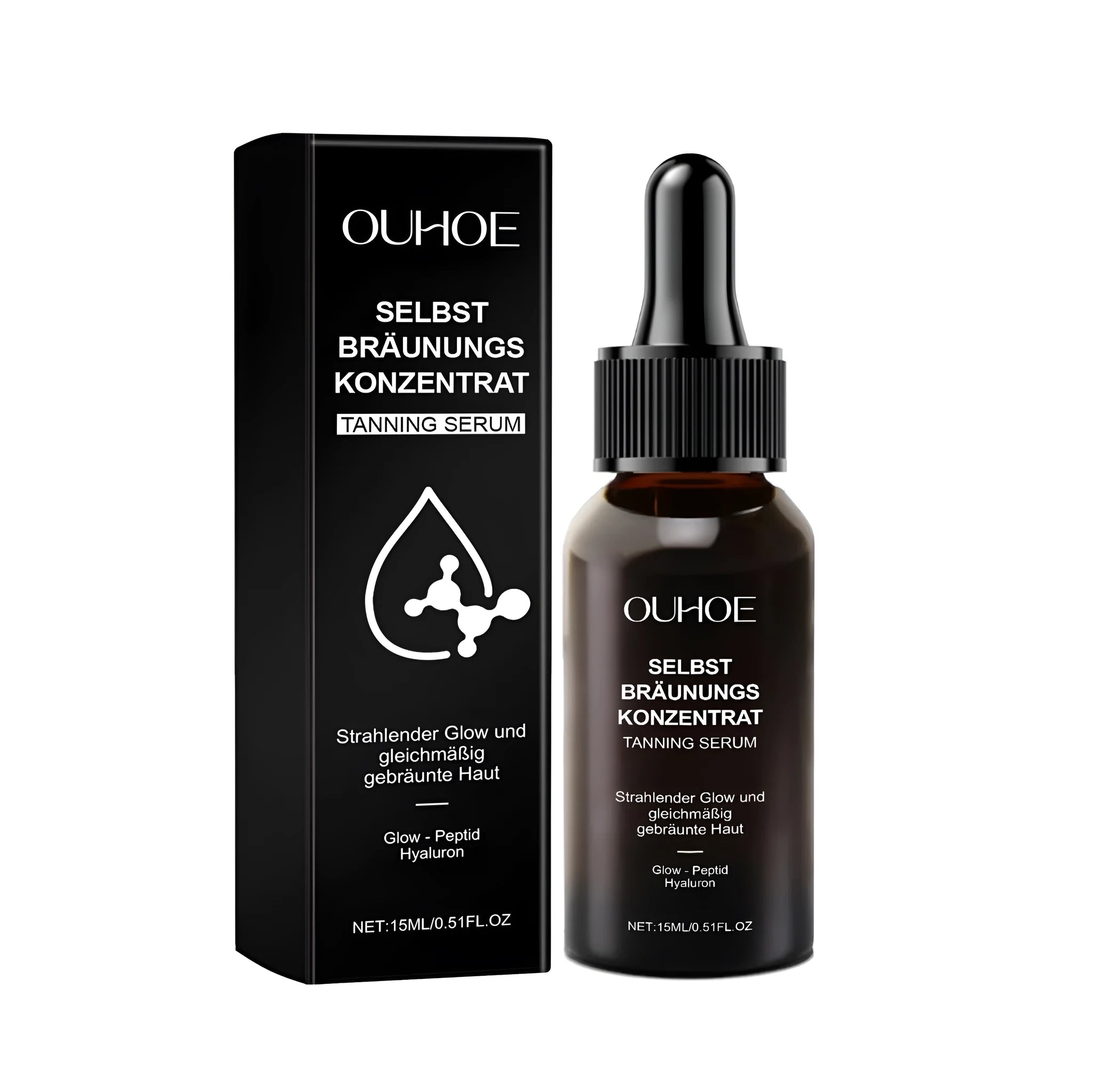 15ml bottle of tanning liquid with hydrating ingredients glycerin and hyaluronic acid.