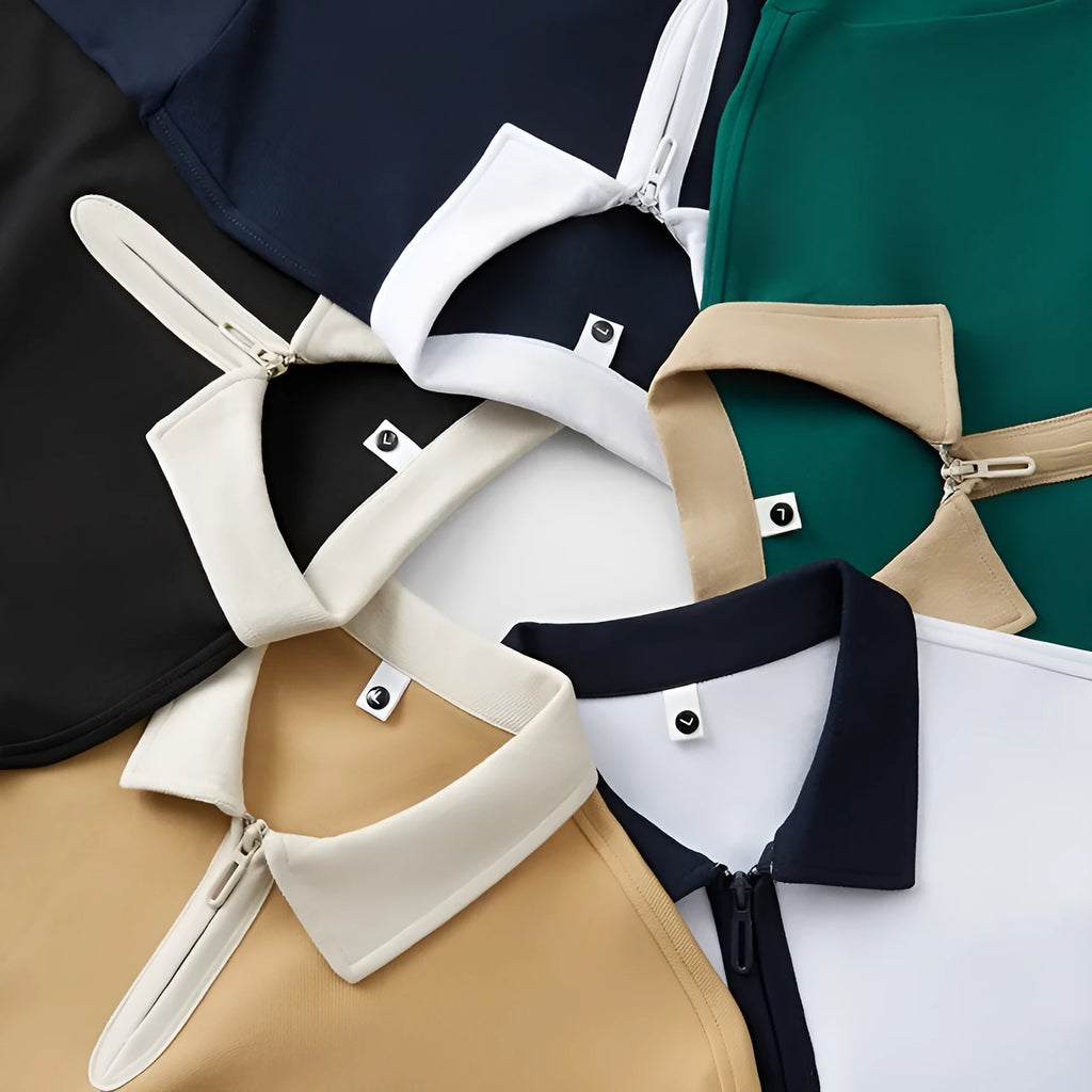 Zipper and lapel polo shirt in solid colour with short sleeves and loose fit design