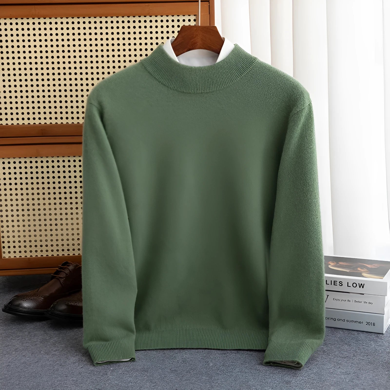 Man wearing a loose-fit half-collar wool sweater in a neutral colour, suitable for winter casual wear.