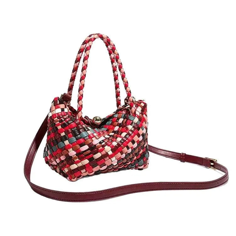 Women's woven shoulder bag with textured pattern in PU leather, showing 18×11×14cm dimensions