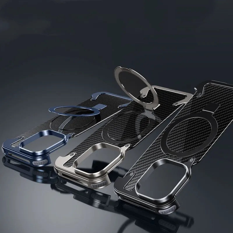 Carbon fibre metal phone case for iPhone 15 Pro Max with kickstand bracket and magnetic suction in black matte finish