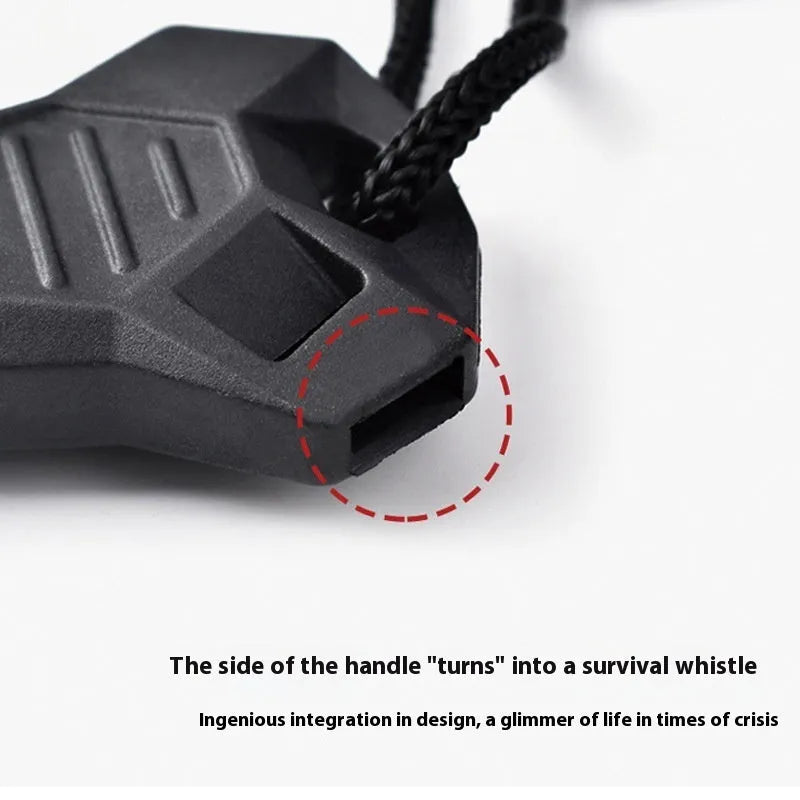 Black outdoor multifunctional survival flint tool with stainless steel scraper on a dark background.