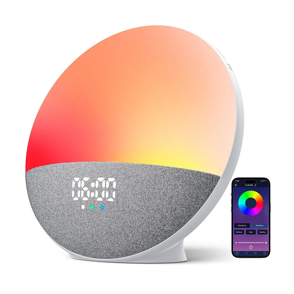 White Bluetooth speaker with RGB colourful luminous lights on a table