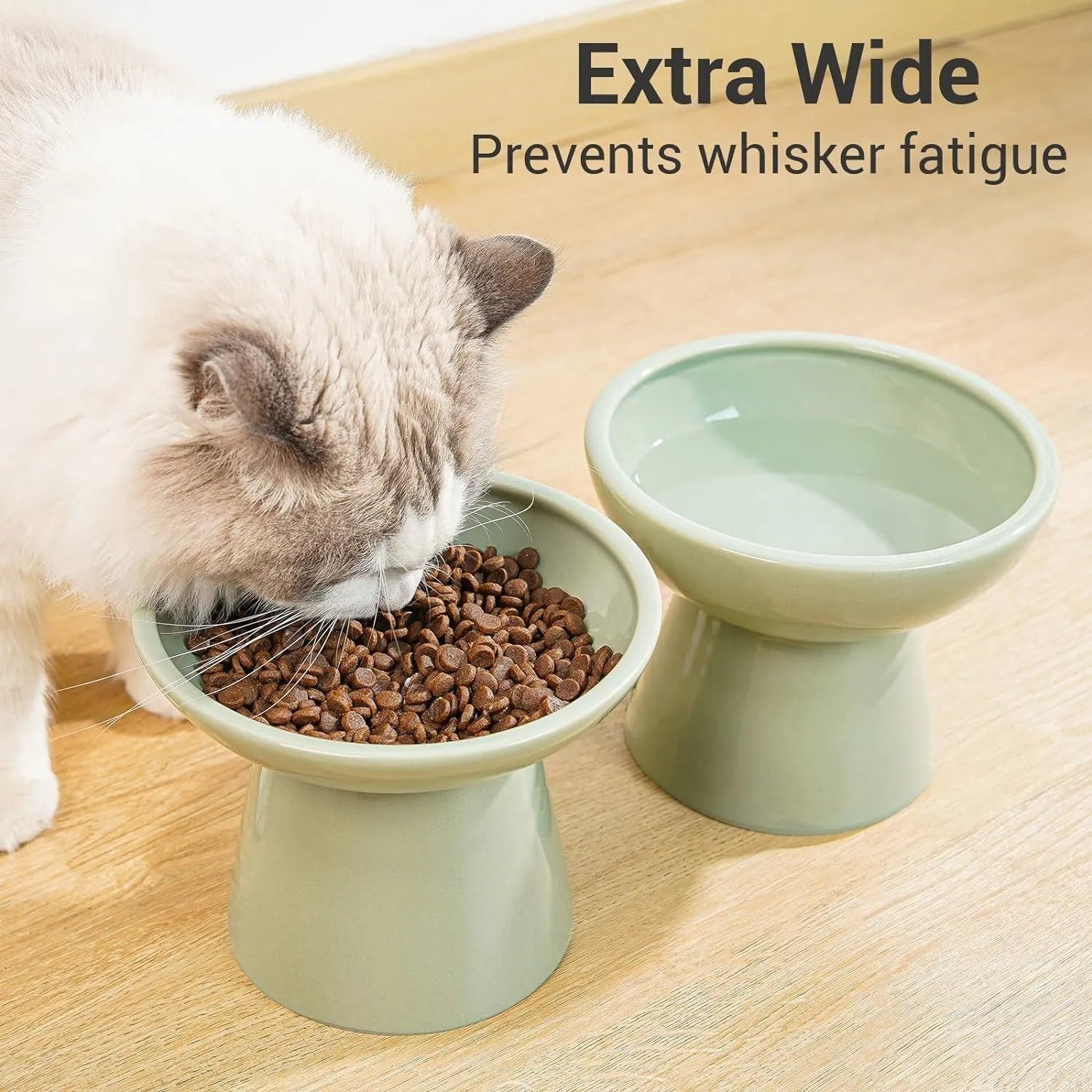 Extra wide ceramic elevated cat food bowl set in blue colour with shallow design