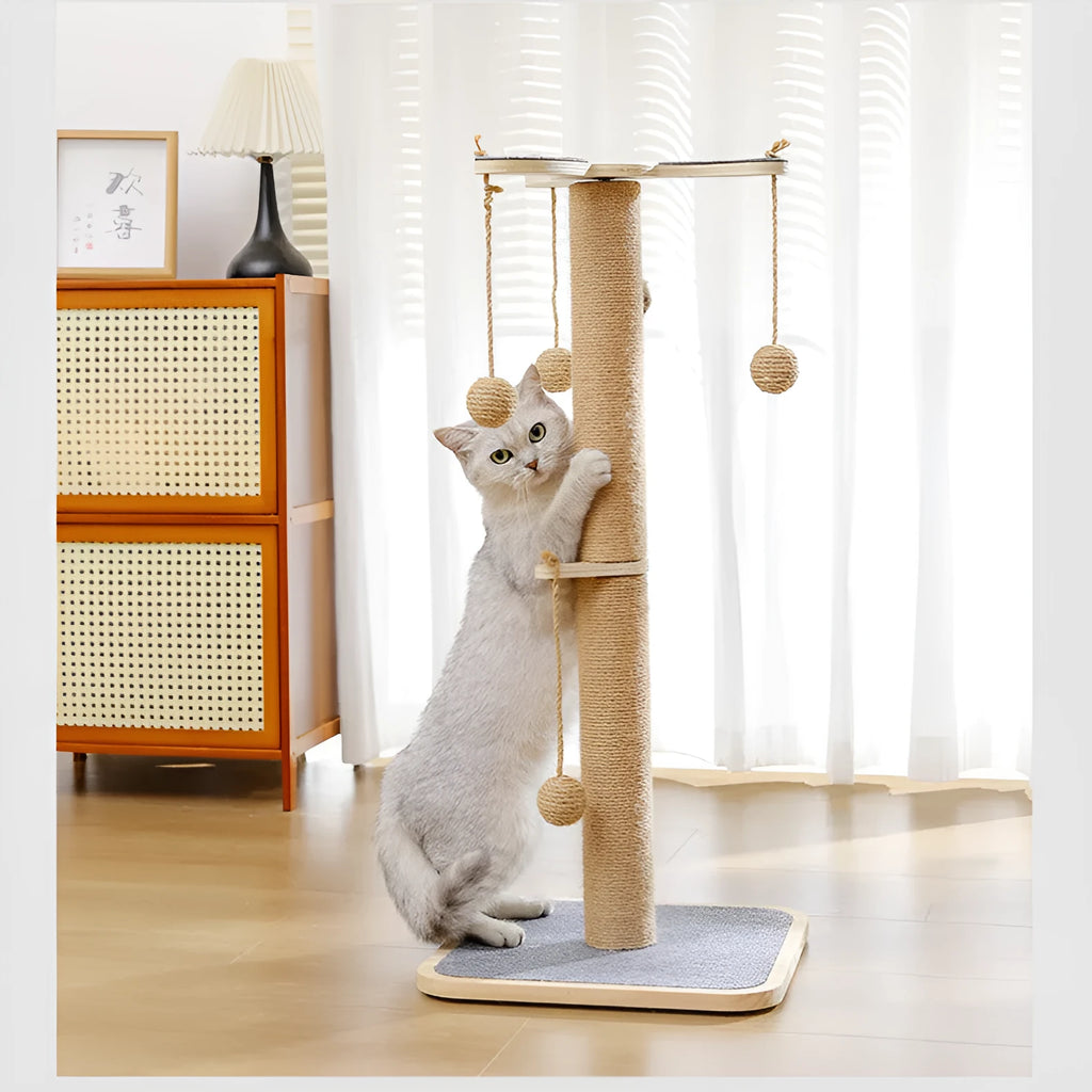 Windmill coloured pine wood cat climbing frame with a hanging ball and carpet leather scratching surfaces.