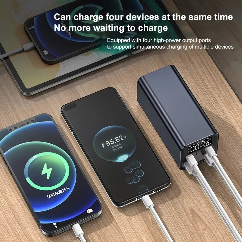 Black 65W metal power bank showing USB-C port, with dimensions 47.5x104.5x47.5mm.