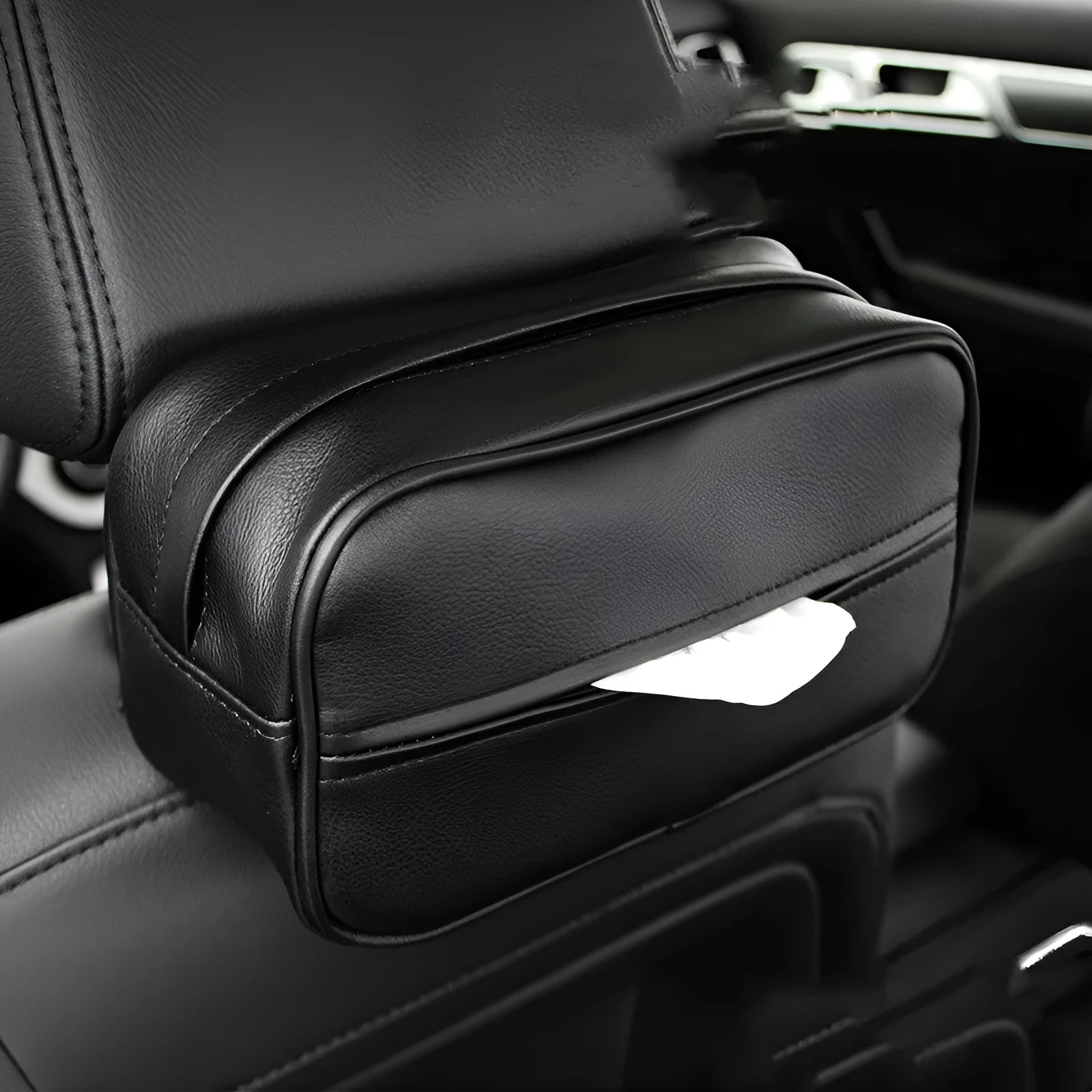 Beige PU leather car hanging organiser box with a loop, shown next to a black medium and black large size option.