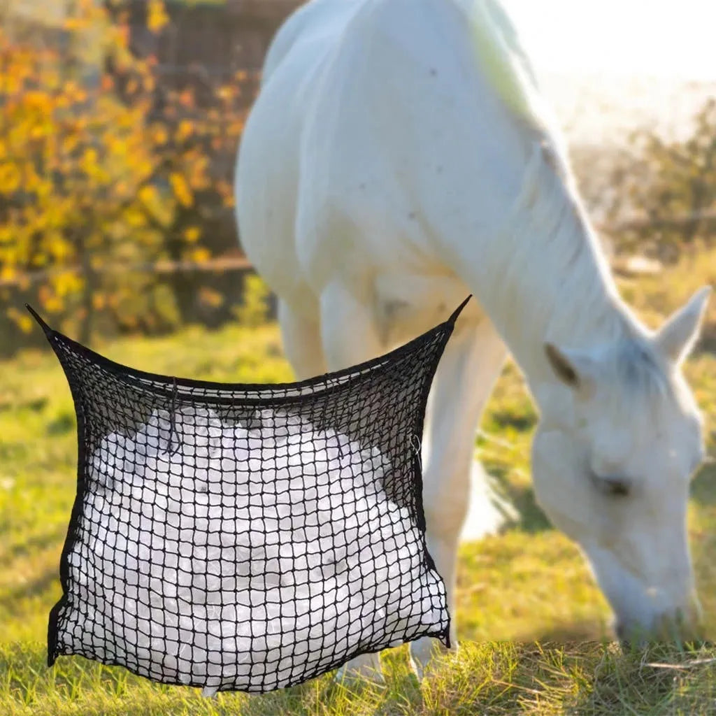 Black woven PE rope hanging feeding bag for horses, showing grid weave and hanging straps.