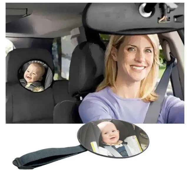 Black baby safety seat rearview mirror with 17cm diameter mounted on car headrest