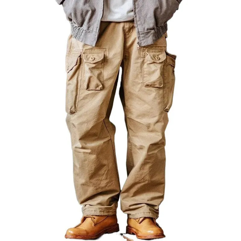 Men's corduroy cargo pants in khaki colour with multi-pockets, drawstring waist, and straight legs