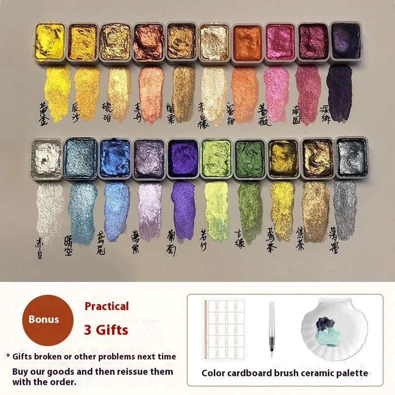 Traditional Chinese painting watercolour set showing 20 colours in warm and cold palettes with red and white gold metallic tubes