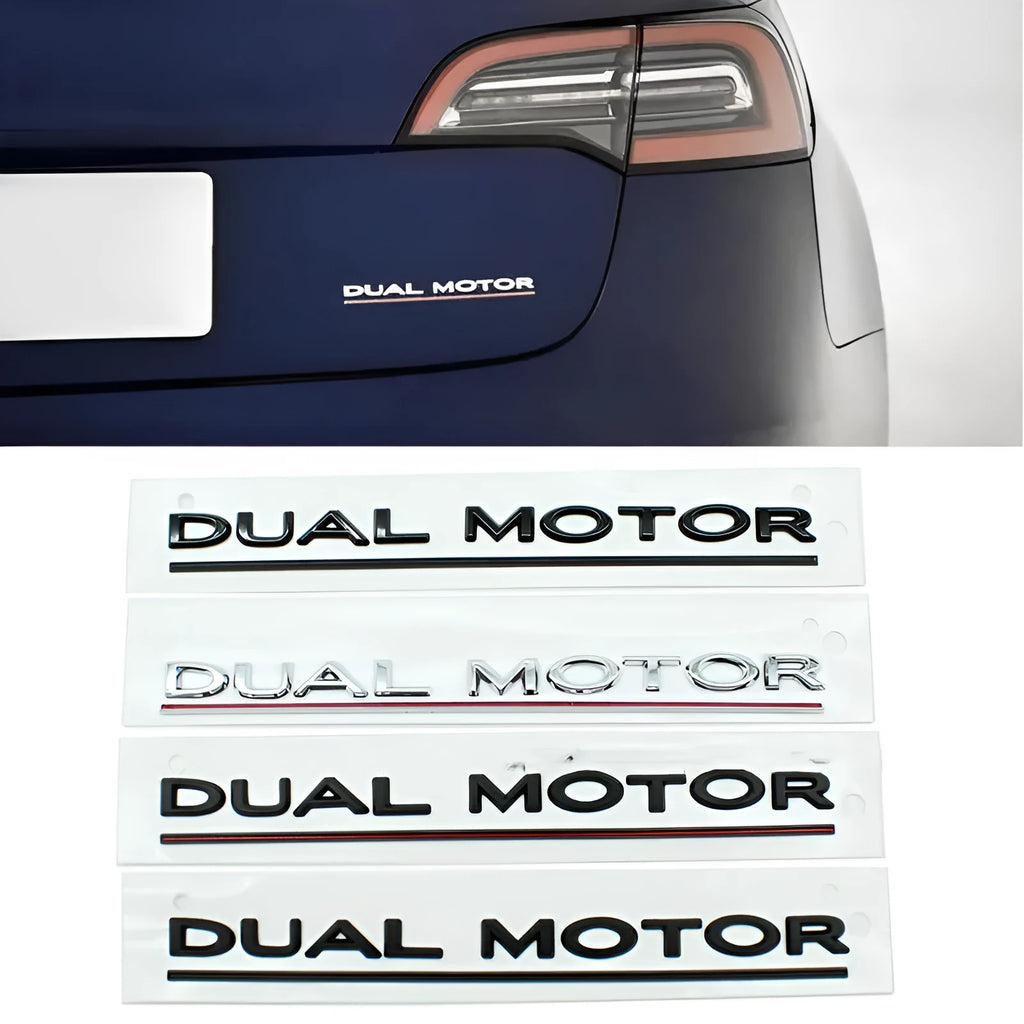 Tesla Model 3 dual motor performance bumper sticker in ABS plastic, showing matte black and red stripe option.