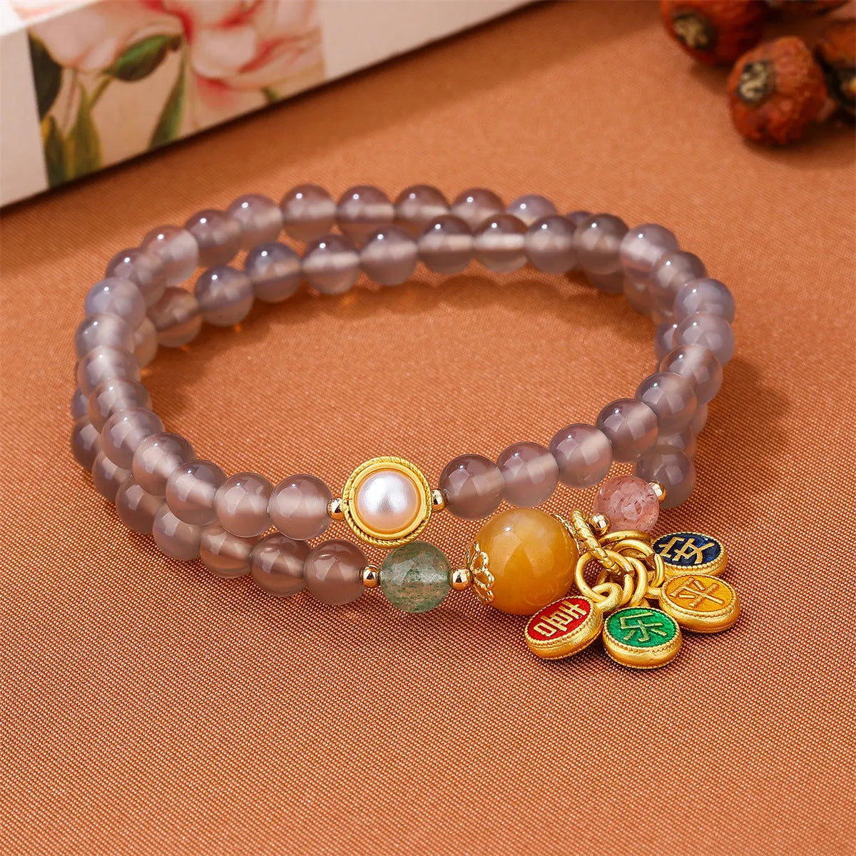 Natural gray agate bracelet with two-circle design on wrist