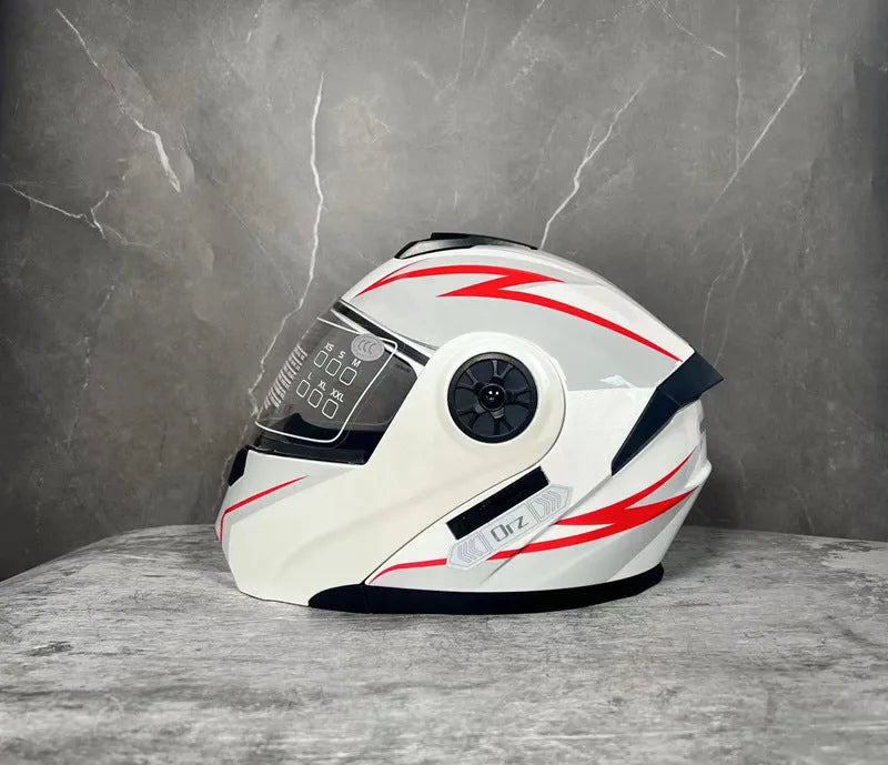 Matte black full face motorcycle helmet with black mirror visor showing ABS construction and multiple sizing options