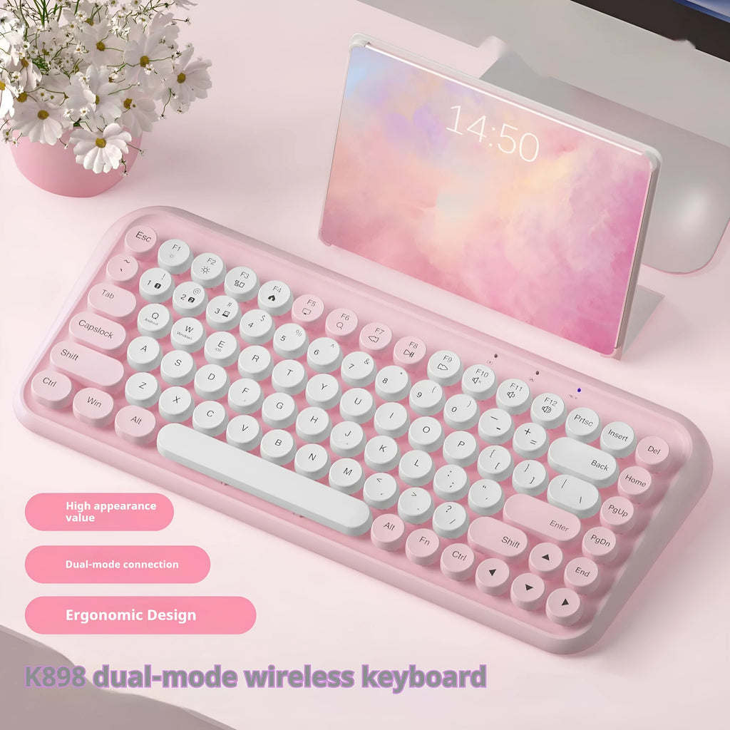 Pink Bluetooth wireless keyboard with 84 keys showing compact design and crater architecture switches