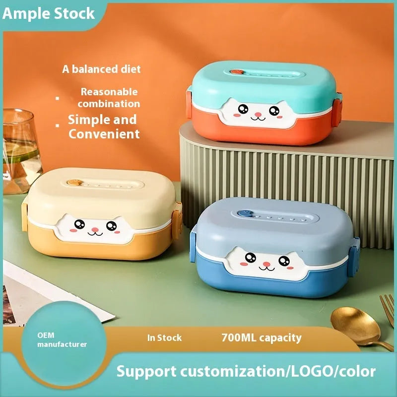 Portable divided lunch box with square shape and microwave-safe plastic construction in three colour options