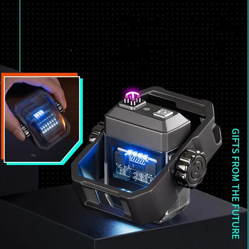 Windproof USB-C rechargeable electric arc lighter with a built-in fidget gyroscope, shown in blue.