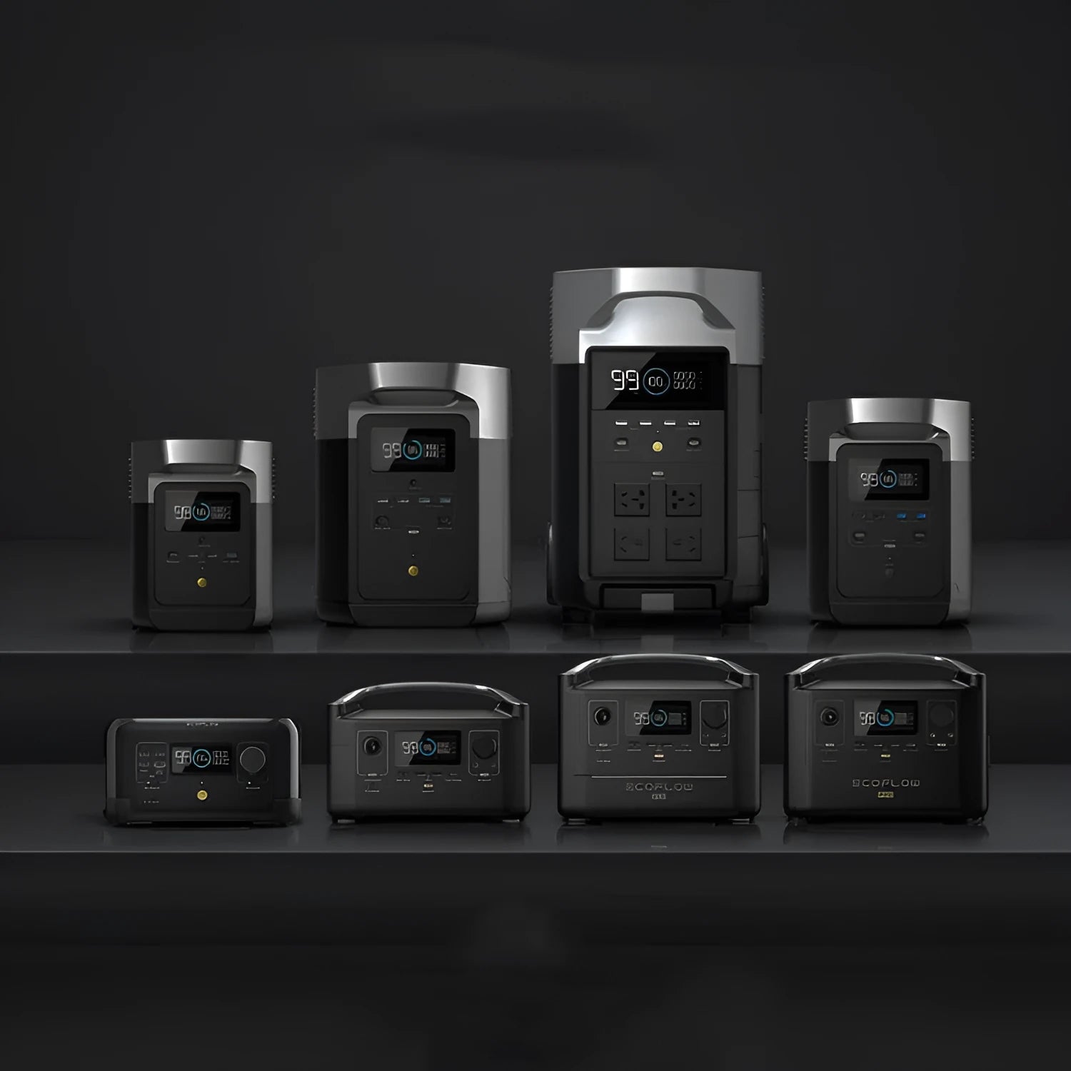 Rui Pro 720Wh portable power station showing front panel with AC sockets, USB ports, and display screen.
