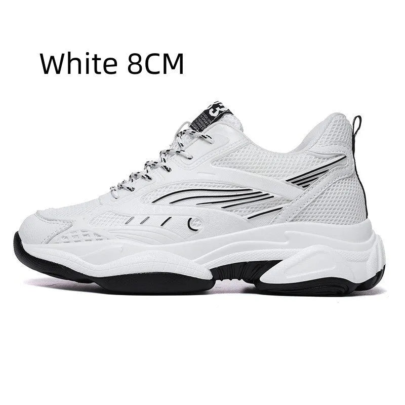 Breathable mesh casual tennis shoes with hidden elevator height increase in black with white stripes