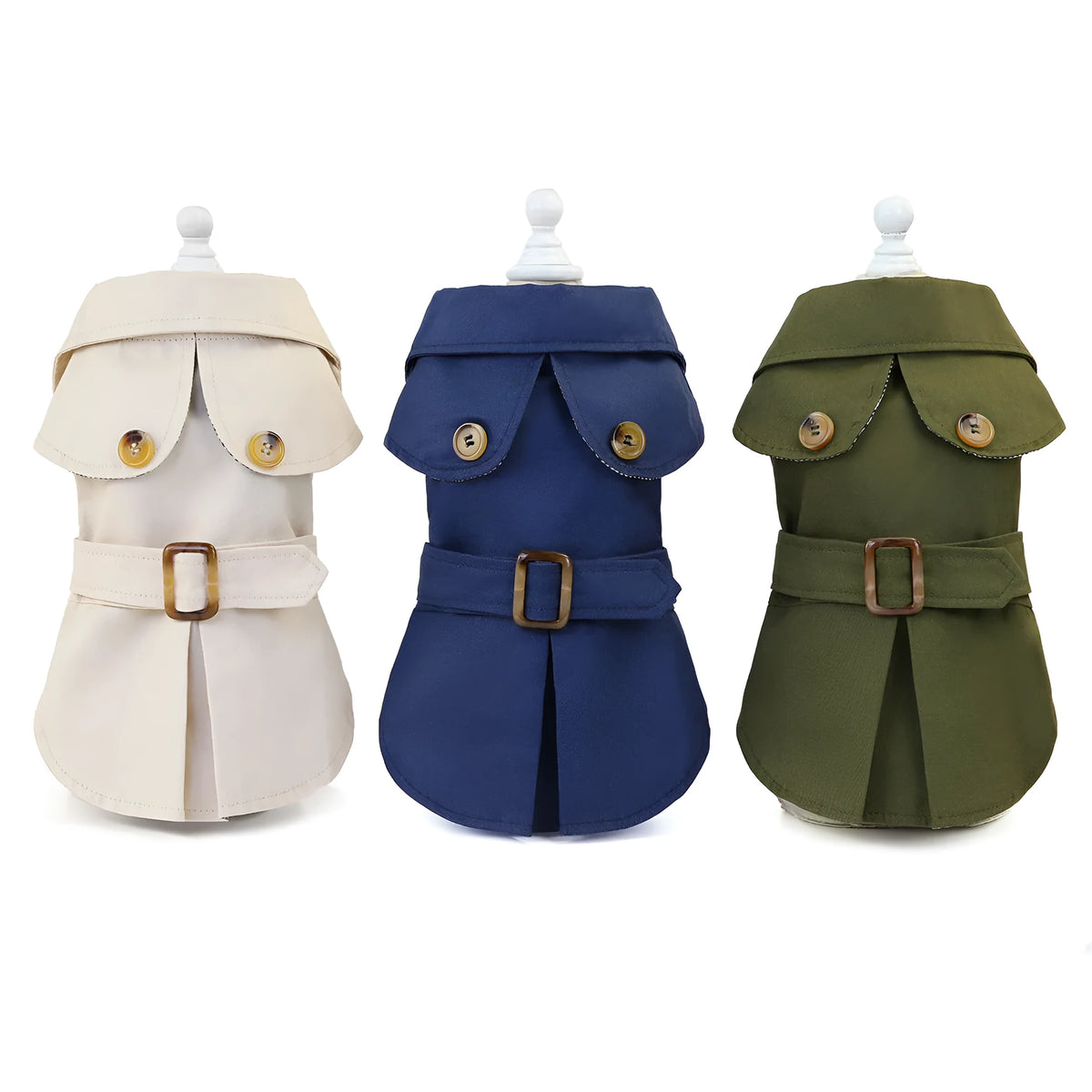 Three-colour windbreaker dog coat for small dogs in blue, green, or khaki, sizes S to XXL.