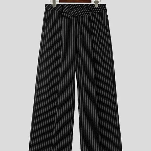 Men's black vertical striped pleated casual trousers laid flat.