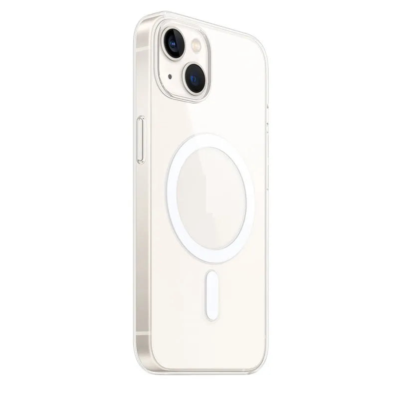 Transparent magnetic back cover case for iPhone on a table next to a MagSafe charger.