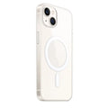 Transparent magnetic back cover case for iPhone on a table next to a MagSafe charger.