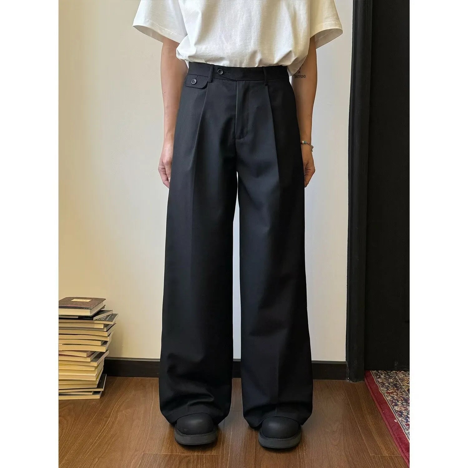 Men's straight loose wide-leg casual suit pants in black or brown draping polyester blend fabric