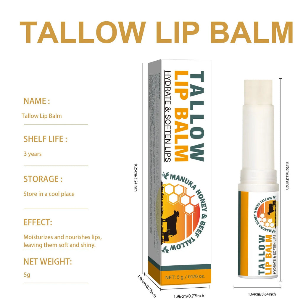 Silver metal tube tallow lip balm, 83mm long, shown with cap off.