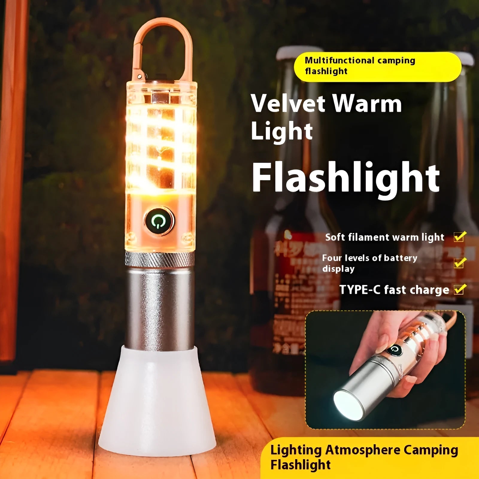 Orange and beige multifunctional flashlight with keychain and optical zoom feature