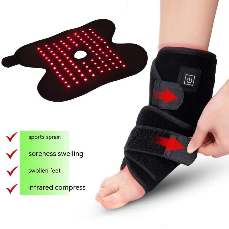 Black adjustable ankle support with red light and heating, USB cable attached