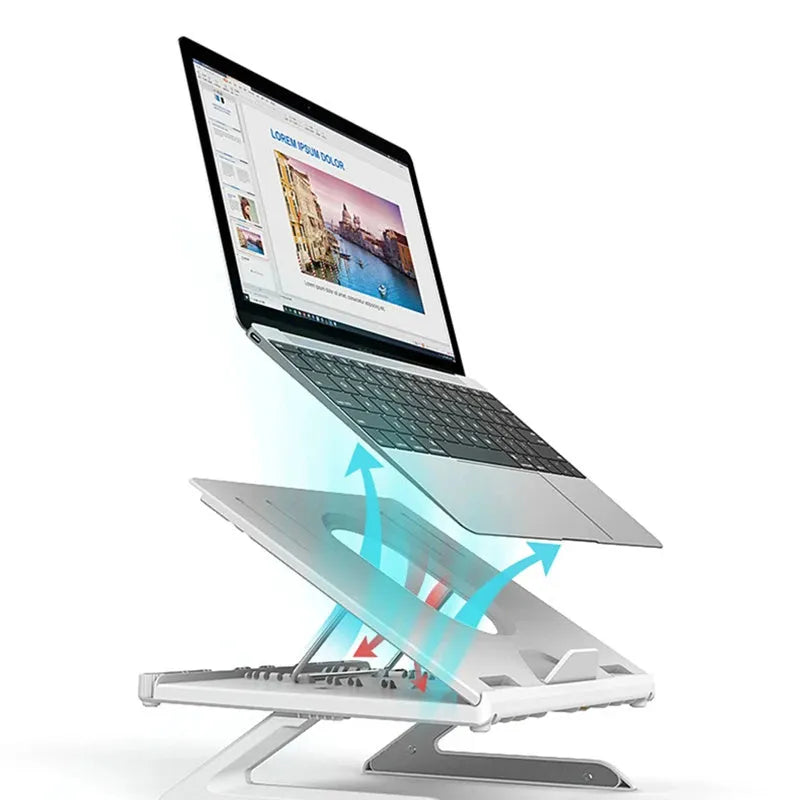 New folding laptop stand in black with 9-level angle adjustment, cooling slot, and phone holder for 10-15.6 inch laptops