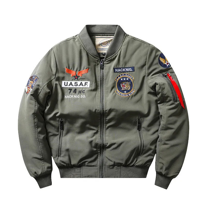 Men's slim-fit black retro embroidered motorcycle coat with a stand collar and patch pockets.