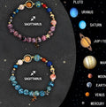 Two natural stone beaded bracelets with adjustable cords on a wooden surface, showcasing zodiac sign designs.