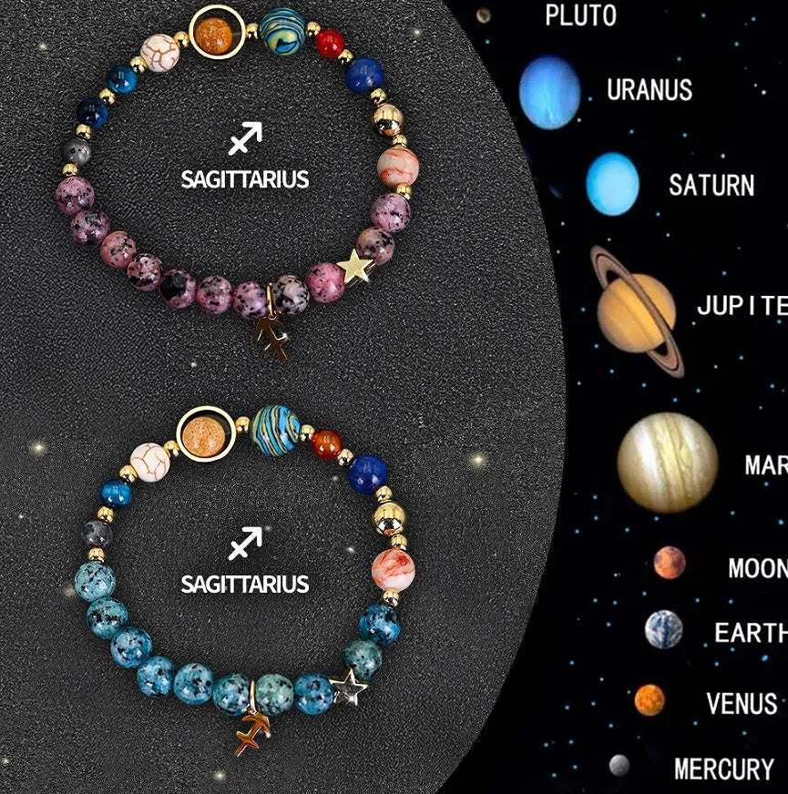 Two natural stone beaded bracelets with adjustable cords on a wooden surface, showcasing zodiac sign designs.