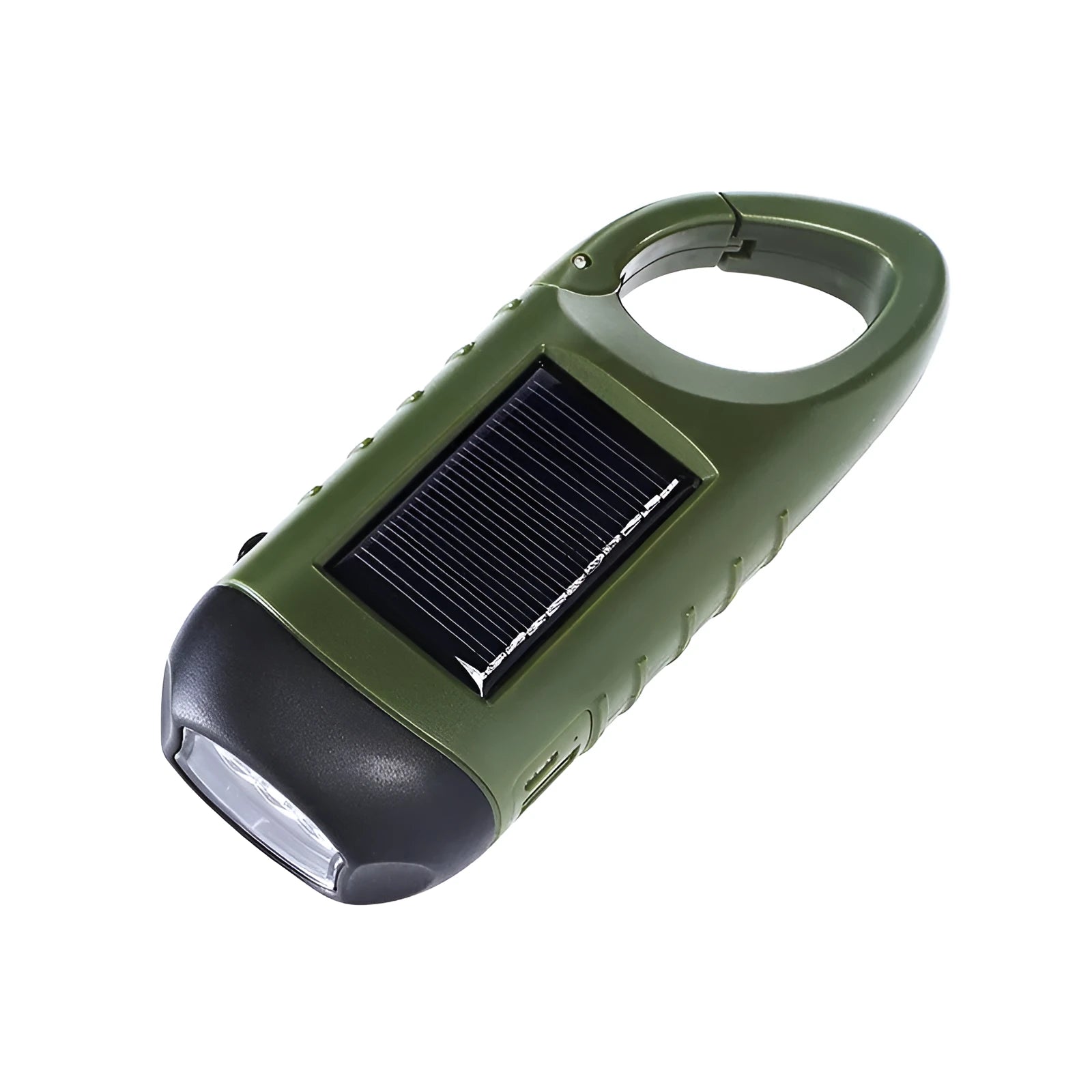 Hand-crank solar LED flashlight with USB charging port and 40mAh battery capacity