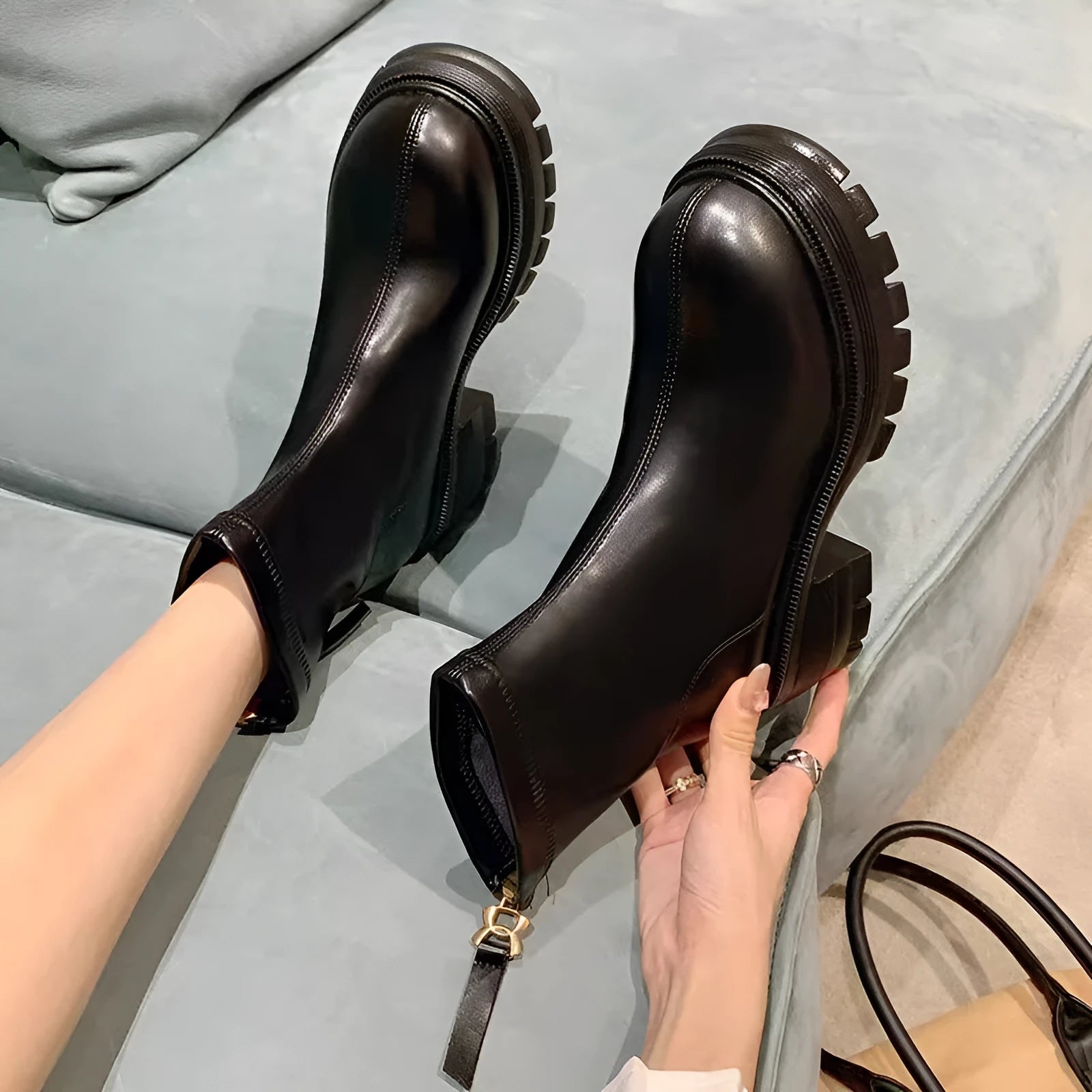White height-increasing platform ankle boots with thick sole, round toe, square heel, and back zipper for women