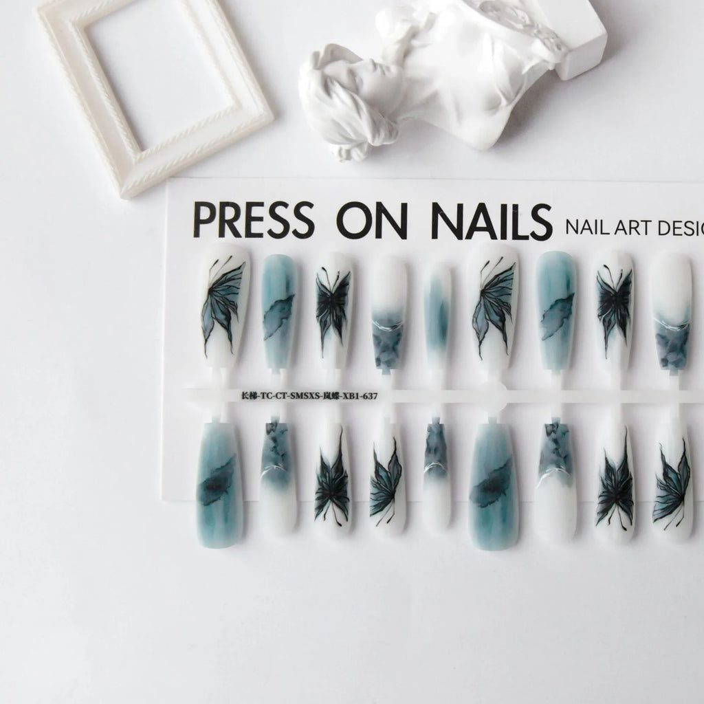 Lan Die XB1-637 long ladder French tip press-on nail stickers, 40pcs set, retro Chinese style for autumn and winter