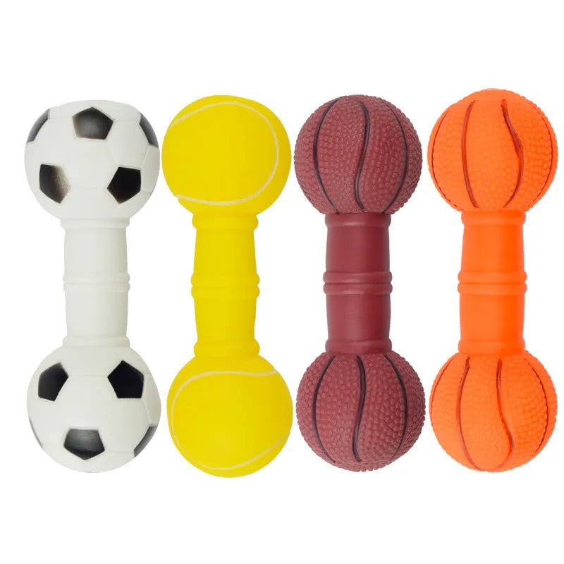 Brown football dumbbell shaped PVC dog squeaky toy on white background