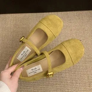 Low-cut canvas Mary Jane flat shoes with vintage suede finish in apricot