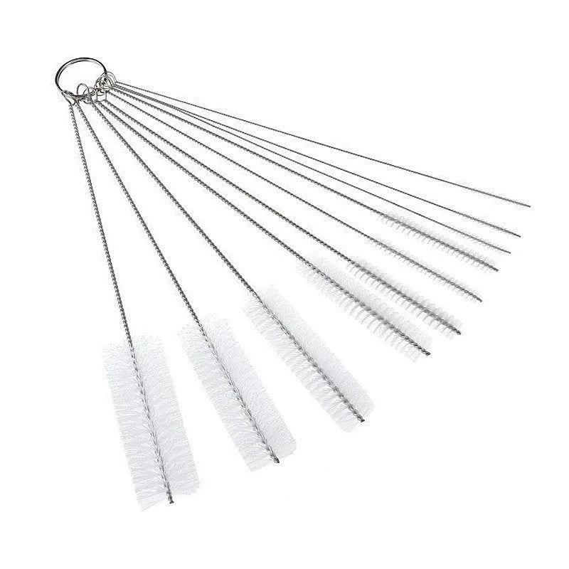 Stainless steel drinking straw cleaning brush with nylon bristles, approximately 23cm long