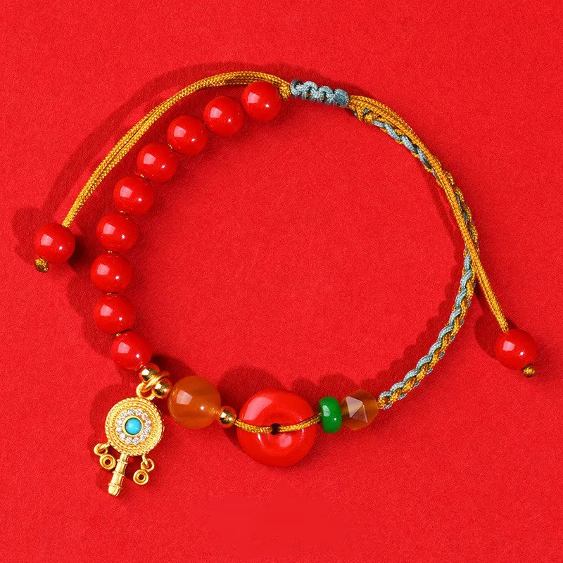 Cinnabar peace blessing buckle bracelet for women in emperor red sand colour with hand-woven geometric design