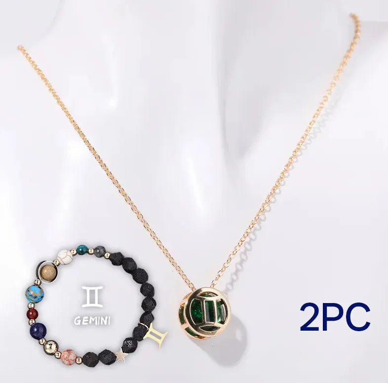 Natural stone beaded necklace and matching bracelet set on a textured background