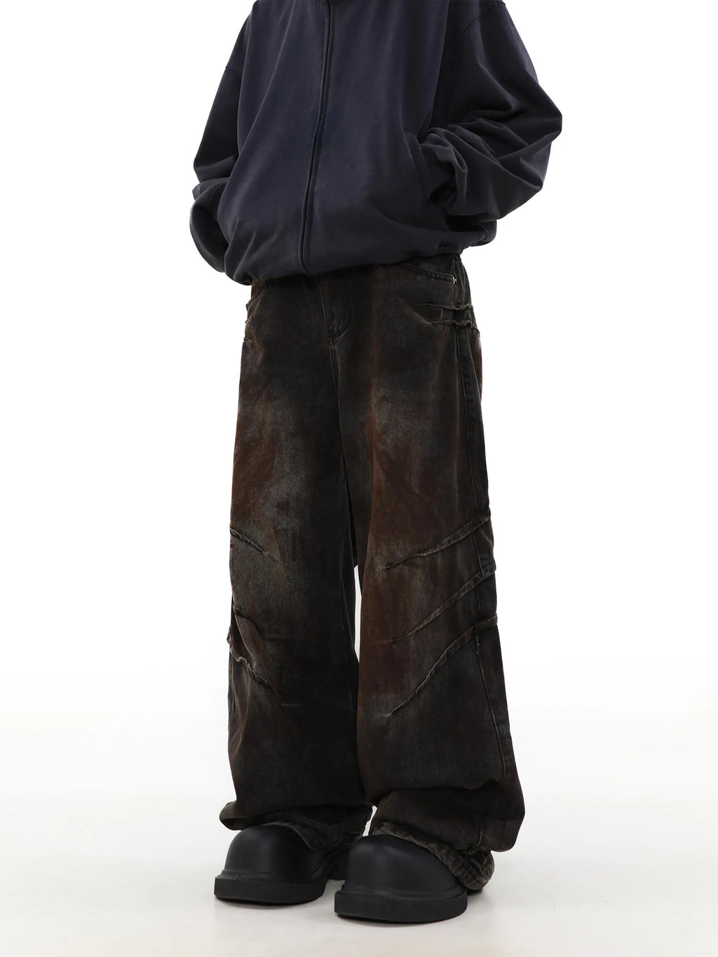 Men's distressed dirty wash baggy straight leg jeans in rust colour cotton denim